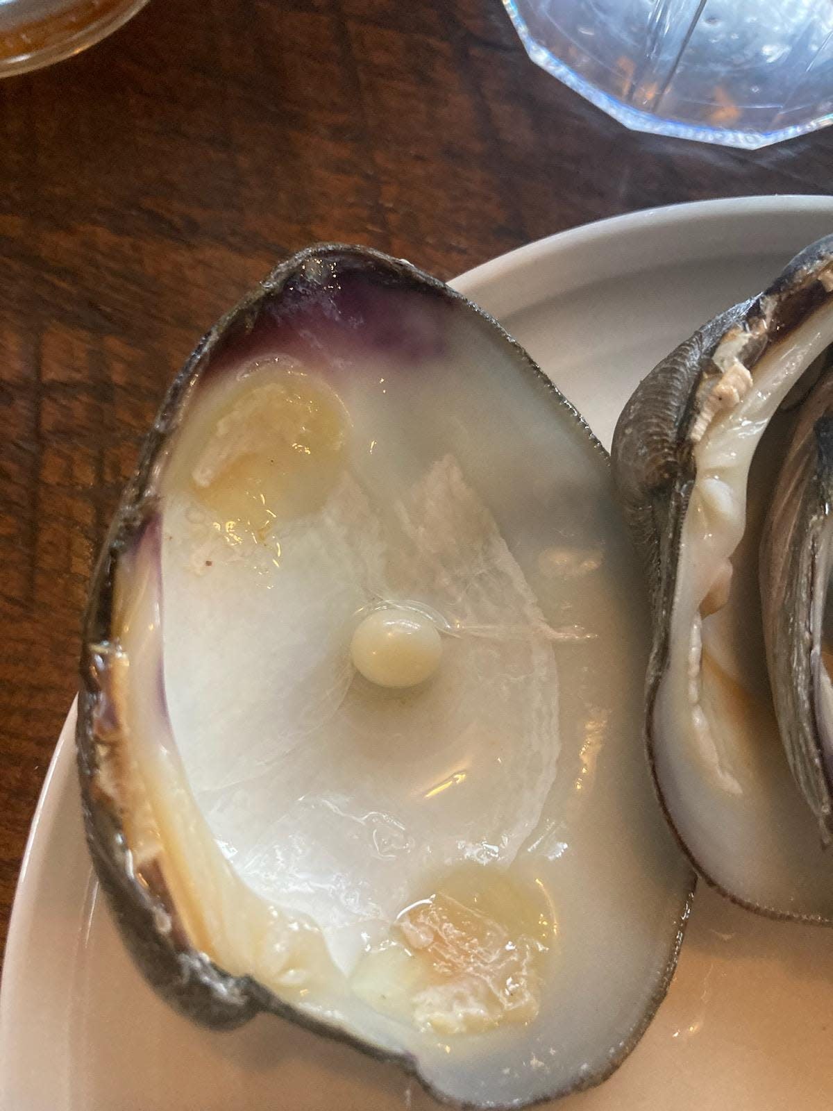 A mercenaria pearl. Couple Sandy Sikorski and Ken Steinkamp found the pearl while dining at a restaurant in December of 2021. The couple later turned the pearl into a ring and got engaged on July 6, 2023.