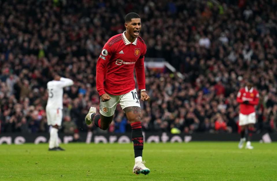 Marcus Rashford celebrates after scoring Manchester United’s second goal against Crystal Palace.