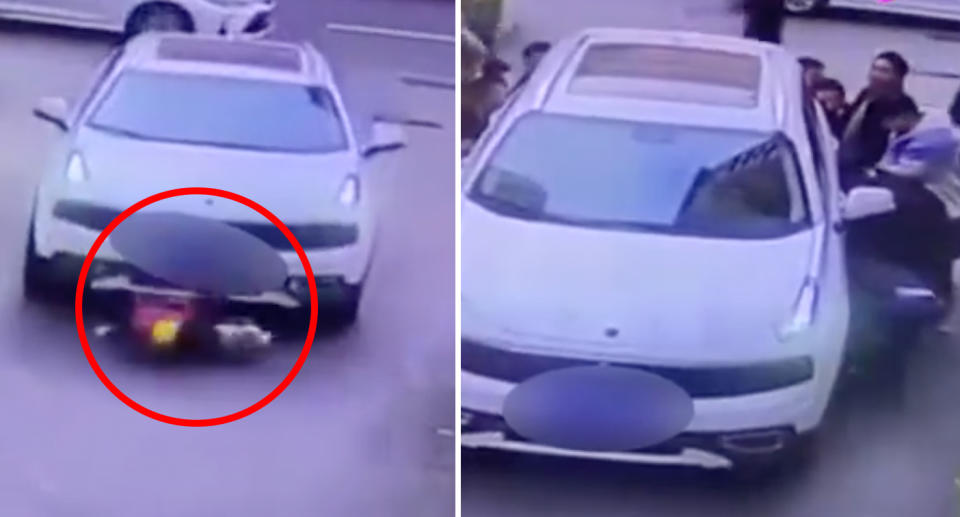 An image (left) shows the boy trapped under the car, while (right) passers-by lift the car off the boy. Source: Xuanwo Video
