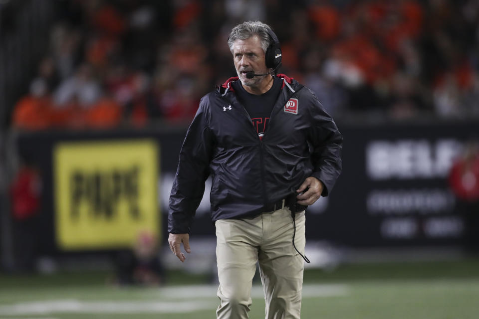 Utah coach Kyle Whittingham walks along the sideline during the second half of the team's NCAA college football game against Oregon State on Friday, Sept. 29, 2023, in Corvallis, Ore. Oregon State won 21-7. (AP Photo/Amanda Loman)