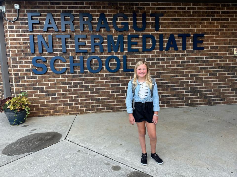 Farragut Intermediate School fifth grader Nancy Claire Johnson at the school after her third-place win in Tennessee Secretary of State Tre Hargett’s 2024 Civics Essay Contest. January 2024.