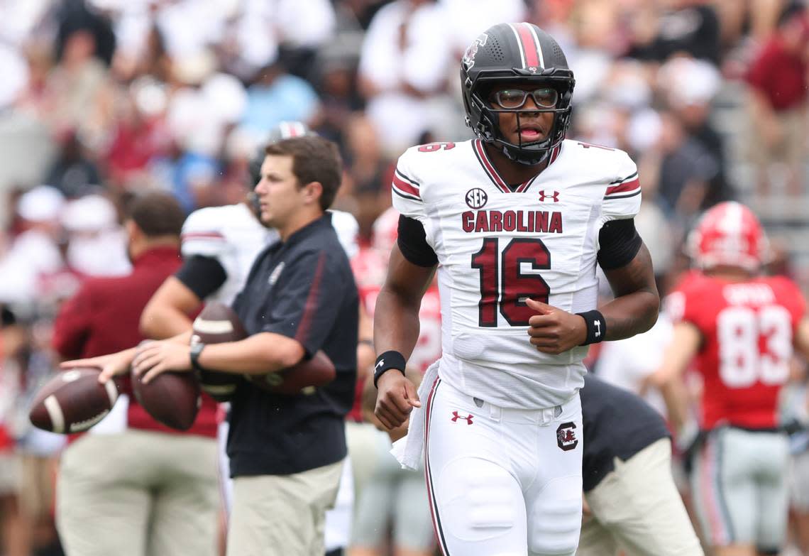 South Carolina quarterback LaNorris Sellers (16) warms up before the Gamecocks’ game at Sanford Stadium in Athens on Saturday, September 16, 2023.