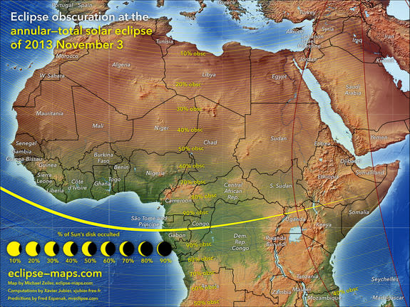 This map of the Nov. 3, 2013 solar eclipse shows the path of totality and percentage of sun coverage by the moon across Africa. Cartographer Michael Zeiler of <a href="http://eclipse-maps.com/" rel="nofollow noopener" target="_blank" data-ylk="slk:Eclipse-Maps.com;elm:context_link;itc:0;sec:content-canvas" class="link ">Eclipse-Maps.com</a>.