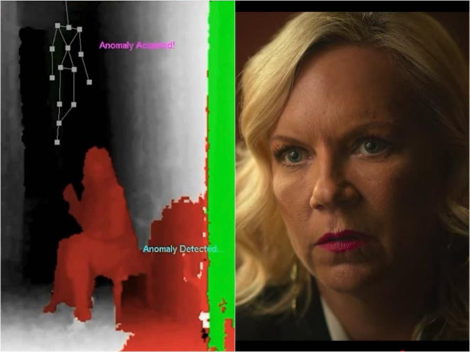 Red and green body silhouette with words "anomaly detected" next to a close up photo of Amy Price.