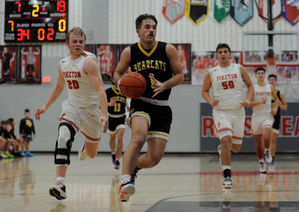 Paint Valley's Cavan Cooper (#1) moves down the court during a game against Piketon on Feb. 3, 2023. Cooper ended the game with 10 points as the Bearcats went on to defeat the Redstreaks 65-31.
