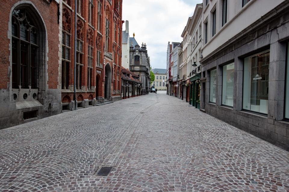 General view of deserted streets in the city centre of Bruges, on April 29, 2020, amid the COVID-19 outbreak caused by the novel coronavirus. (Photo by KURT DESPLENTER / Belga / AFP) / Belgium OUT (Photo by KURT DESPLENTER/Belga/AFP via Getty Images)