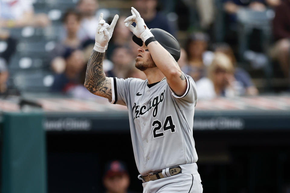 Chicago White Sox's Yasmani Grandal celebrates after hitting a solo home run off Cleveland Guardians starting pitcher Logan Allen during the fifth inning of a baseball game Tuesday, May 23, 2023, in Cleveland. (AP Photo/Ron Schwane)
