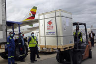 FILE - In this Monday, Feb, 15, 2021 file photo, a forklift carries a pallet of the Sinopharm COVID-19 vaccine from China upon its arrival at Robert Mugabe International airport in Harare, Zimbabwe, as part of the the country's first 200,000 COVID-19 vaccine doses. (AP Photo/Tsvangirayi Mukwazhi)