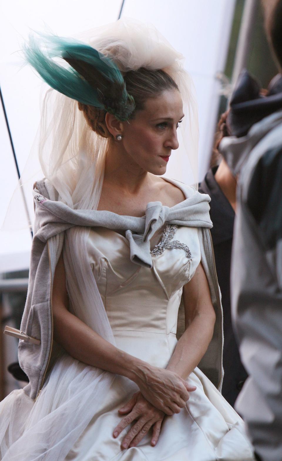 Sarah Jessica Parker in Carrie bridal gown, resting between takes while shooting 2008's "Sex and the City."