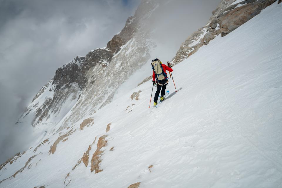 Ballinger entering a steep section of skiing below camp 3, around 24,000'.