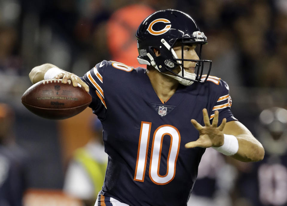 Chicago Bears quarterback Mitchell Trubisky (10) made his first start on Monday night against the Vikings. (AP)