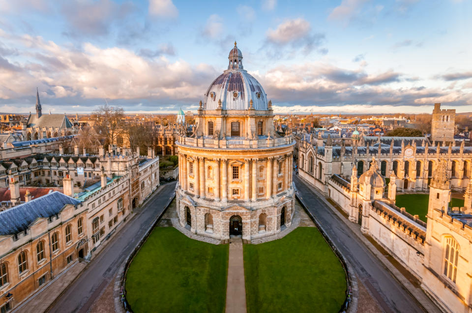 The Radcliffe Camera (Camera, meaning room in Latin) is situated in Oxford, England. Designed by James Gibbs in English Palladian Style and built in 1737-1749 The work was funded from the estate of John Radcliffe.  The building serves as a reading room for the Bodleian Library. Sited to the south of the Old Bodleian, north of St. Mary's Church and between Brasenose College (west) and All Souls College (east)