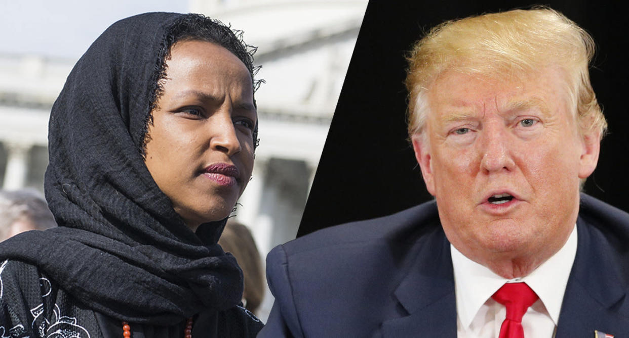 Rep. Ilhan Omar and President Trump. (Photos: Tom Williams/CQ Roll Call via Getty Images, Adam Bettcher/Getty Images)