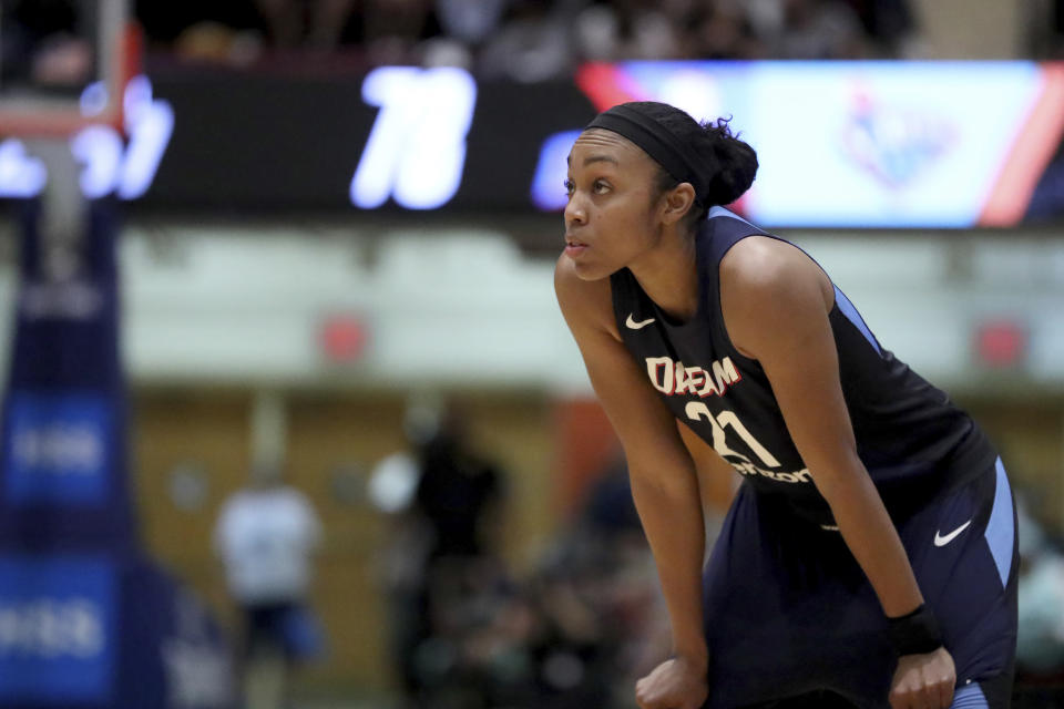 Atlanta Dream's Renee Montgomery is seen against the New York Liberty in the second half of a WNBA basketball game, Sunday, Aug. 12, 2018 in New York. (AP Photo/Gregory Payan)