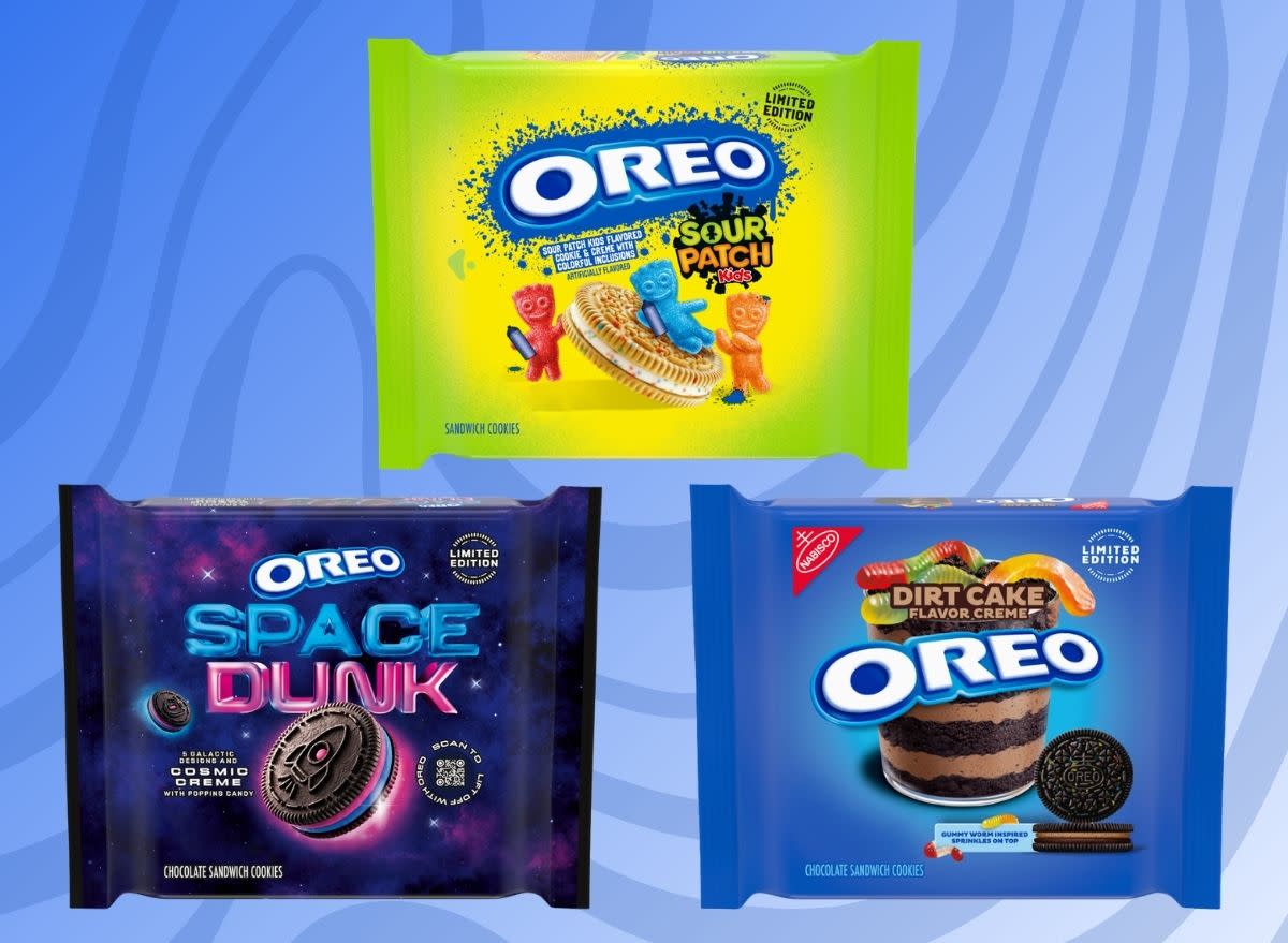 packages of limited-edition oreos on a blue designed background