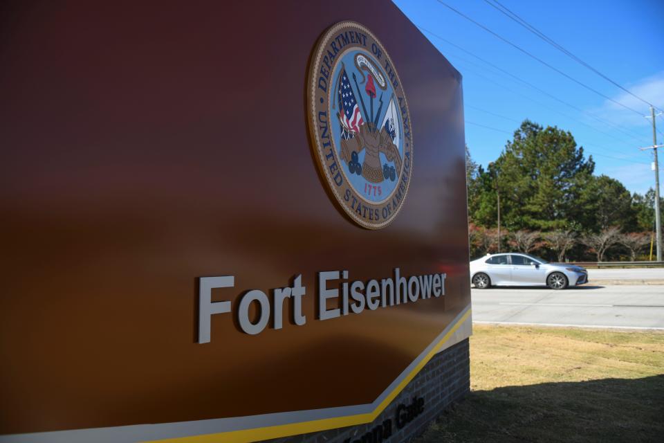 The new Fort Eisenhower sign sits outside gate one after the Fort Gordon installation redesignation ceremony to Fort Eisenhower on the base on Friday, Oct. 27, 2023.