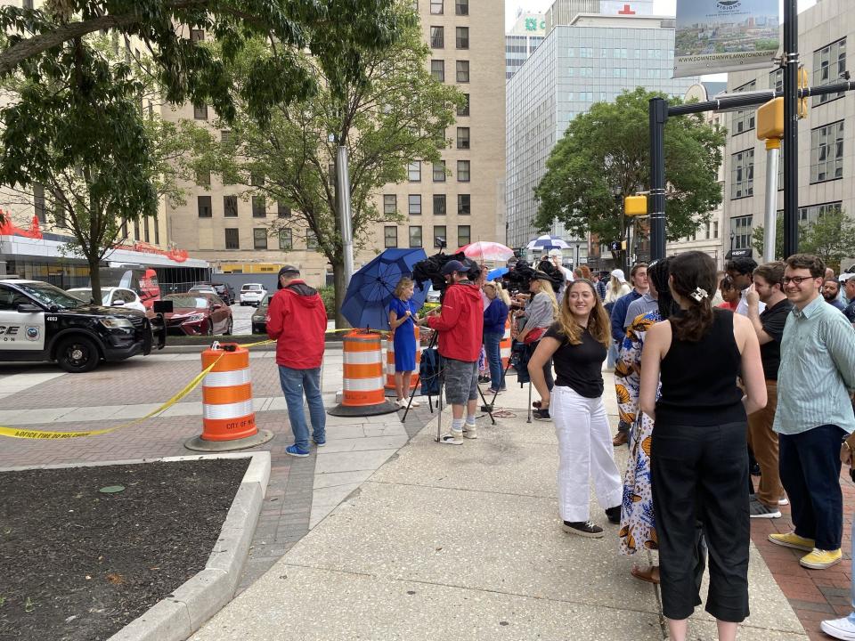 Reporters and onlookers gathered outside Joe Biden's campaign headquarters in Wilmington ahead of Vice President Kamala Harris' arrival at what is expected to now become her headquarters in her bid for the presidency.