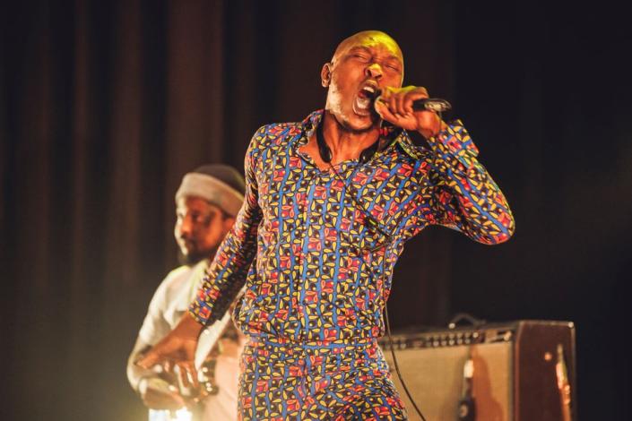 Seun Kuti performs on stage during Villanos Del Jazz music festival at Teatro Pavón on November 07, 2022 in Madrid, Spain.