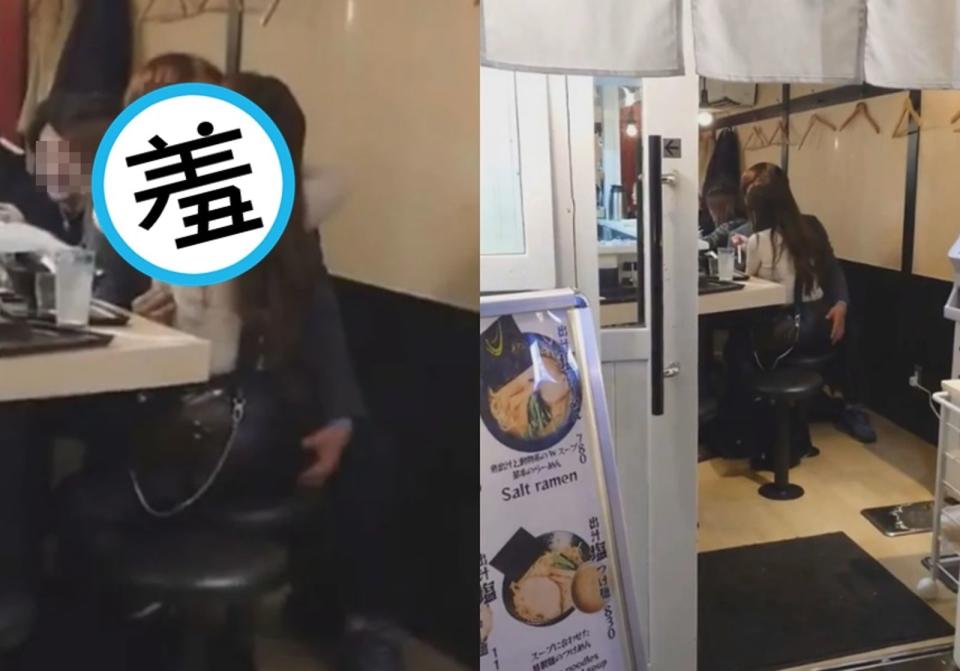 日本網友目擊拉麵店內一對男女公然擁吻，男方還不斷摸胸捏臀。（翻攝自X平台）