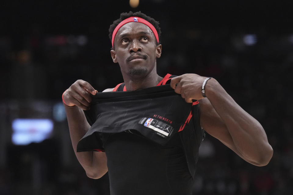 Toronto Raptors' Pascal Siakam reacts as he walks off the court following his team's loss to the Utah Jazz in NBA basketball game action in Toronto, Saturday, Dec. 23, 2023. (Chris Young/The Canadian Press via AP)