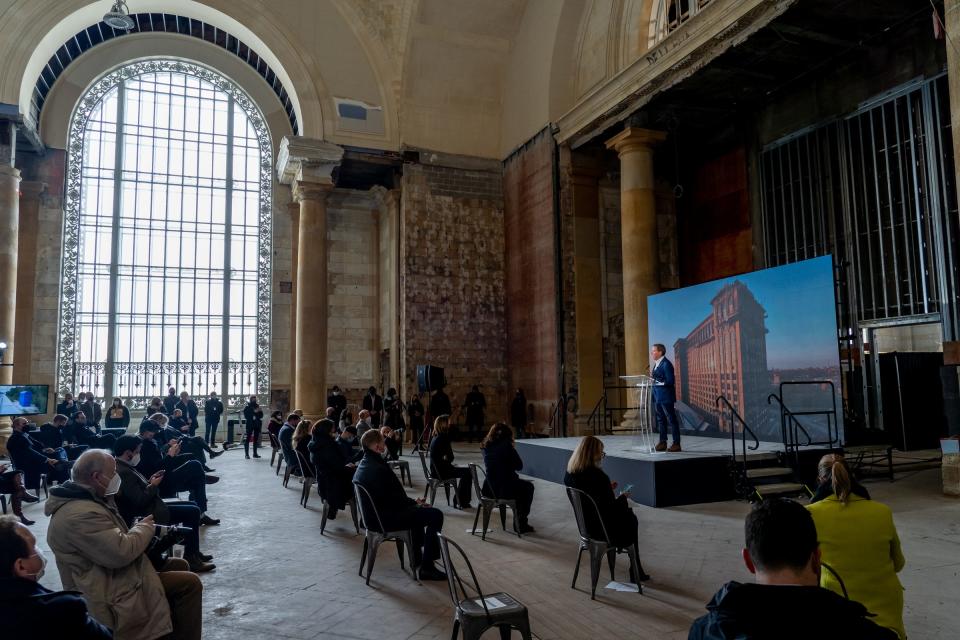 Ford Motor Co. Executive Chair Bill Ford speaks to a crowd while sharing details on progress in the district, as well as who will be joining Ford at Michigan Central to help create the future on Feb. 4, 2022, at Michigan Central Station in Detroit.