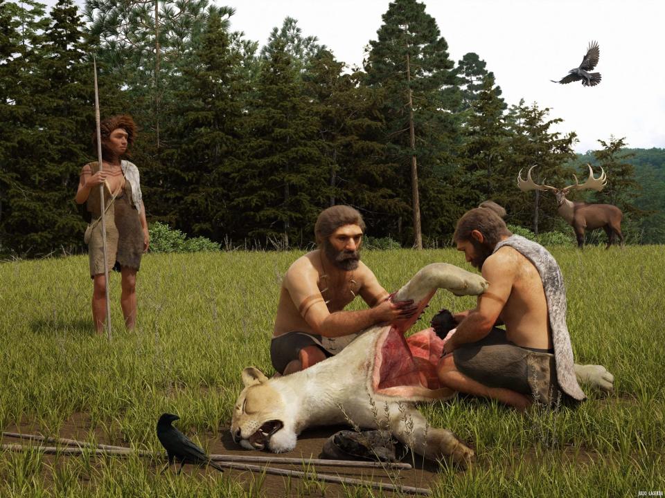 A 3D rendering shows neanderthals skinning a mountain lion in an open plain. 