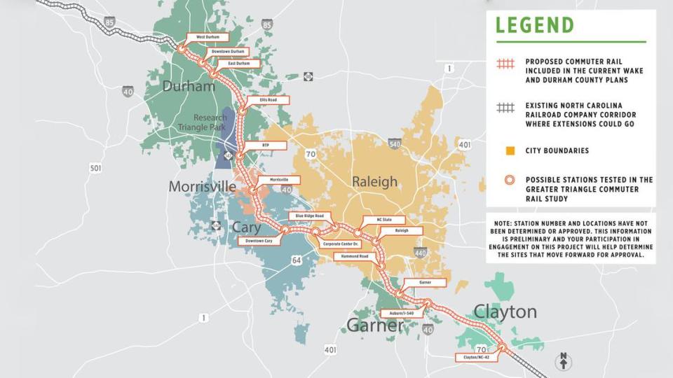 The proposed commuter rail line would follow an existing rail corridor and stop at 15 stations in the Triangle from Durham to Clayton. Passengers wishing to go to Raleigh-Durham International Airport would need to take a shuttle bus.