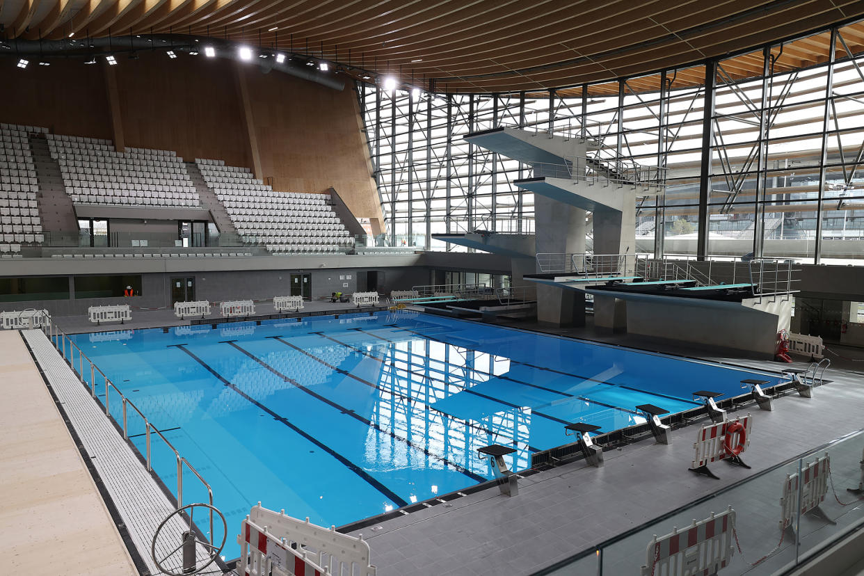 The Olympic Aquatic Centre on March 28, 2024 in Paris, France. It will host the artistic swimming, water polo and diving events.  (Pascal Le Segretain / Getty Images)