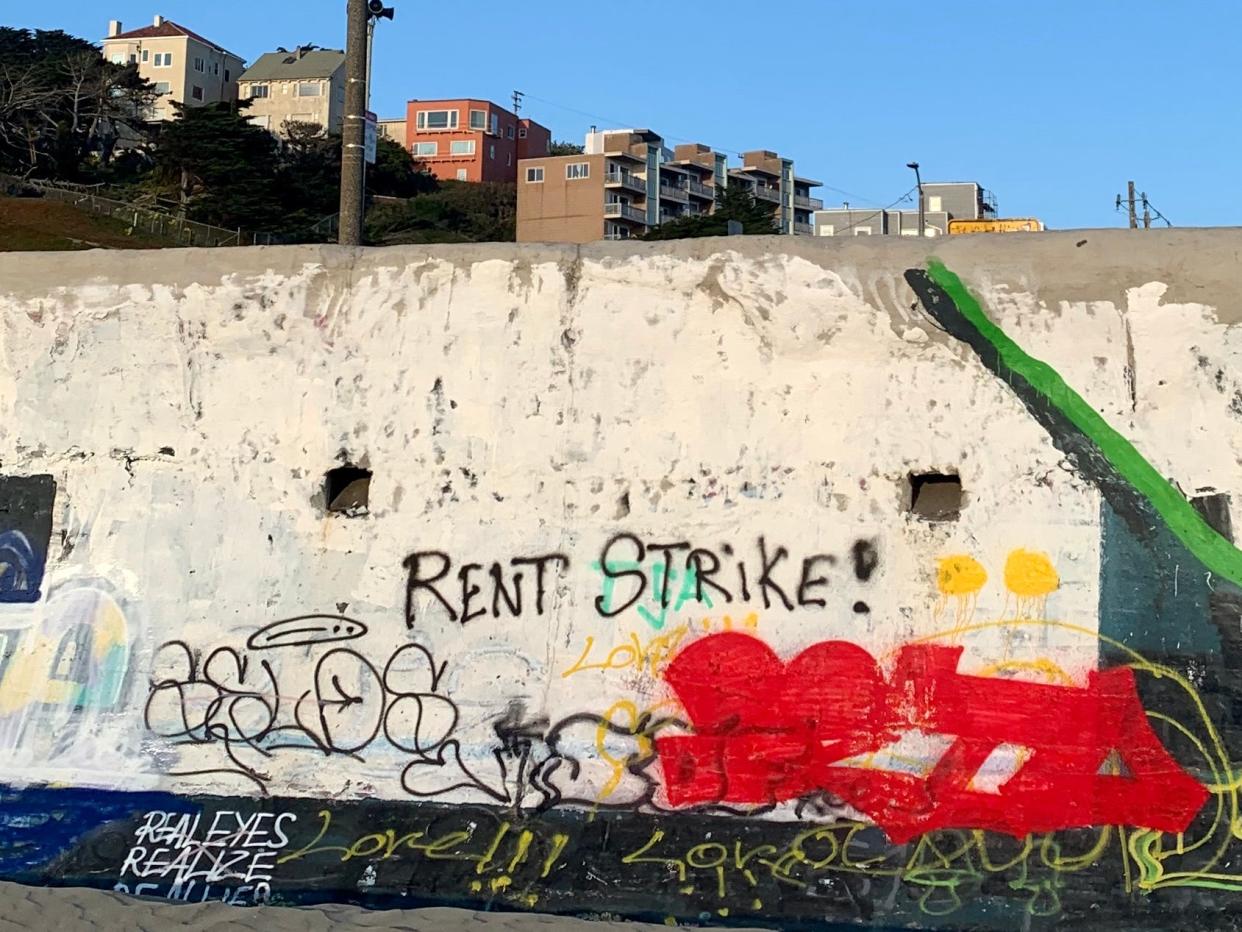 Graffiti painted on a wall at Ocean Beach in San Francisco, California, on April 10, 2020. JULIE JAMMOT:AFP via Getty Images)