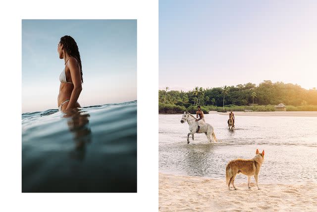 <p>Marta Tucci</p> From left: Resident Nina Borges takes a sunset dip at Coqueiros Beach; crossing the Trancoso River on horseback.