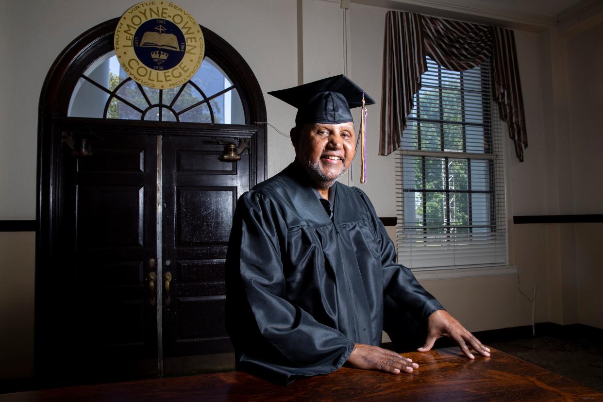 Richard Williams poses for a portrait inside of Brownlee Hall at LeMoyne-Owen College in Memphis, Tenn., on Thursday, May 9, 2024. The 79-year-old Williams, who graduated on May 11, finished his coursework 51 years ago but couldn’t afford the $50 in order to receive his diploma.