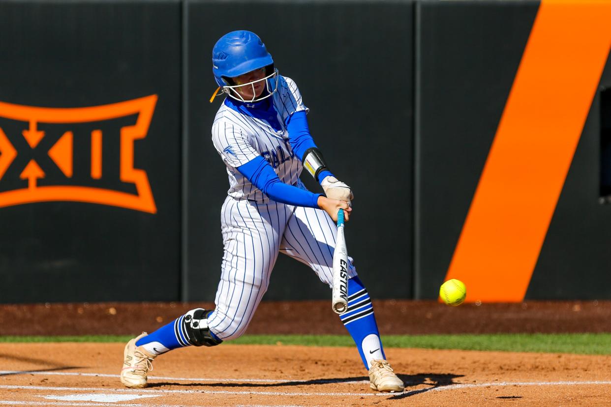 Turner’s Adison Lee (12) hits during a high school Class B fast pitch softball state championship game between Turner High school and Tupelo High School at Oklahoma State’e Cowgirl Stadium in Stillwater, Okla., on Saturday, Oct. 7, 2023.