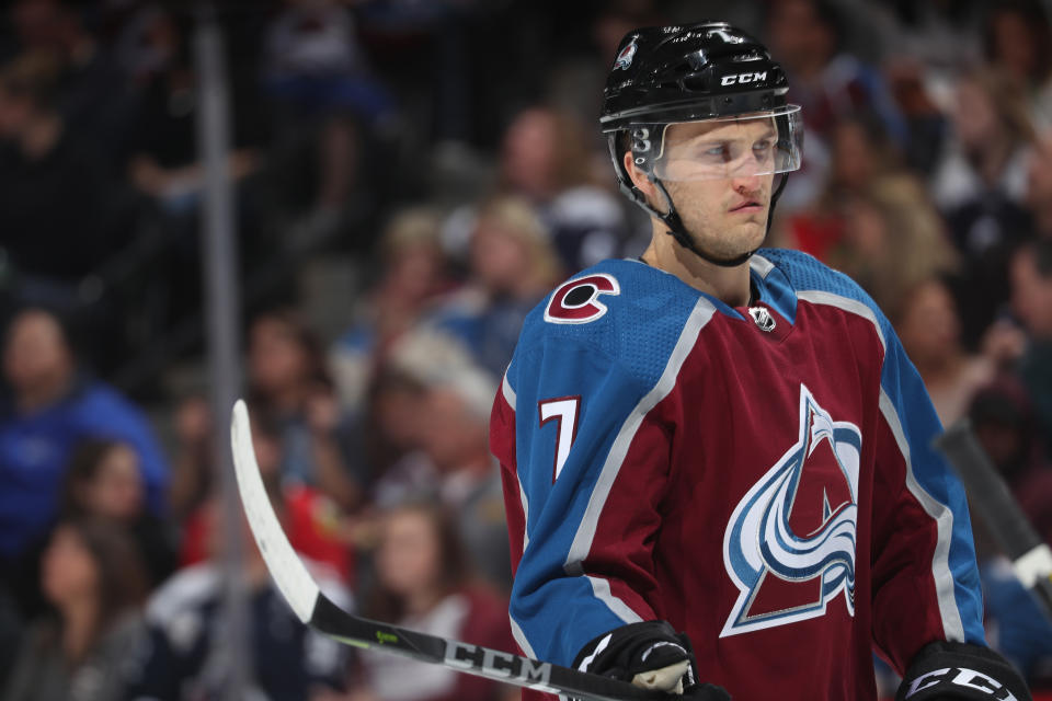 DENVER, CO - MARCH 30:  Mark Alt #7 of the Colorado Avalanche skates against the Chicago Blackhawks at the Pepsi Center on March 30, 2018 in Denver, Colorado. The Avalanche defeated the Blackhawks 5-0.  (Photo by Michael Martin/NHLI via Getty Images)