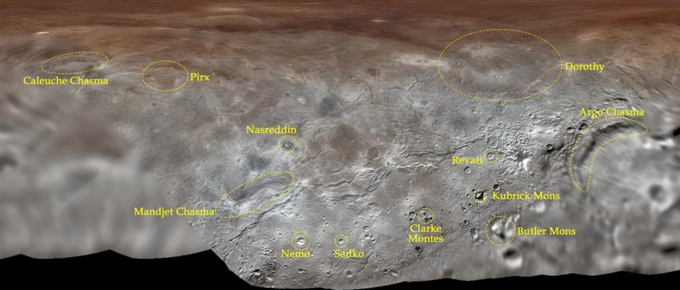 The first official feature names on Charon range from Middle Eastern folklore to "2001: A Space Odyssey. <cite>International Astronomical Union</cite>