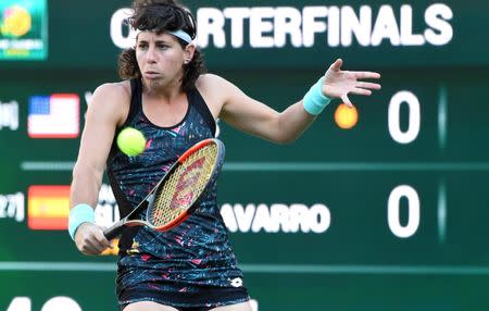 Mar 15, 2018; Indian Wells, CA, USA; Carla Suarez Navarro (ESP) in her quarterfinal match against Venus Williams (not pictured) in the BNP Paribas Open at the Indian Wells Tennis Garden. Mandatory Credit: Jayne Kamin-Oncea-USA TODAY Sports