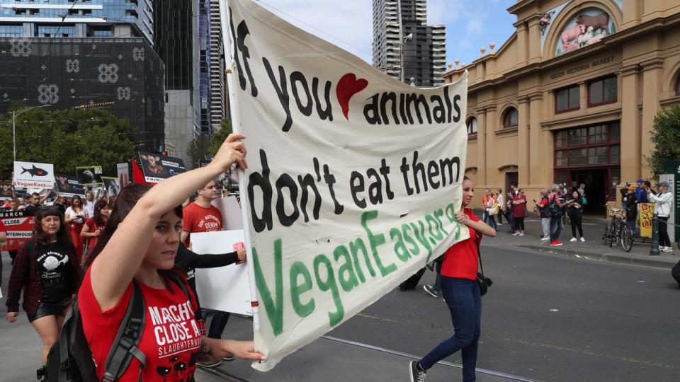 Vegan activists, pictured on Saturday, are staging another protest in Melbourne. Source AAP