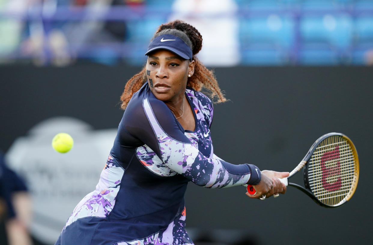 Serena Williams in action in her ladies doubles match with Ons Jabeur against Shuko Aoyama and Chan Hao-ching on day five of the Rothesay International Eastbourne at Devonshire Park, Eastbourne. Picture date: Wednesday June 22, 2022. (Photo by Gareth Fuller/PA Images via Getty Images)