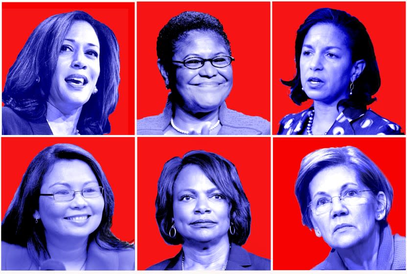 Democratic presidential candidate and former Vice President Joe Biden stated that he is considering a woman as his running mate. Here are Six women Biden should consider: (top left to right) Sen. Kamala Harris D-Calif., Congressional Black Caucus Reps. Karen Bass, D-Calif., former National Security Adviser Susan Rice, Rep. Tammy Duckworth, D-Ill, Rep. Val Demmings, D-Fla., and Sen. Elizabeth Warren, D-Mass.