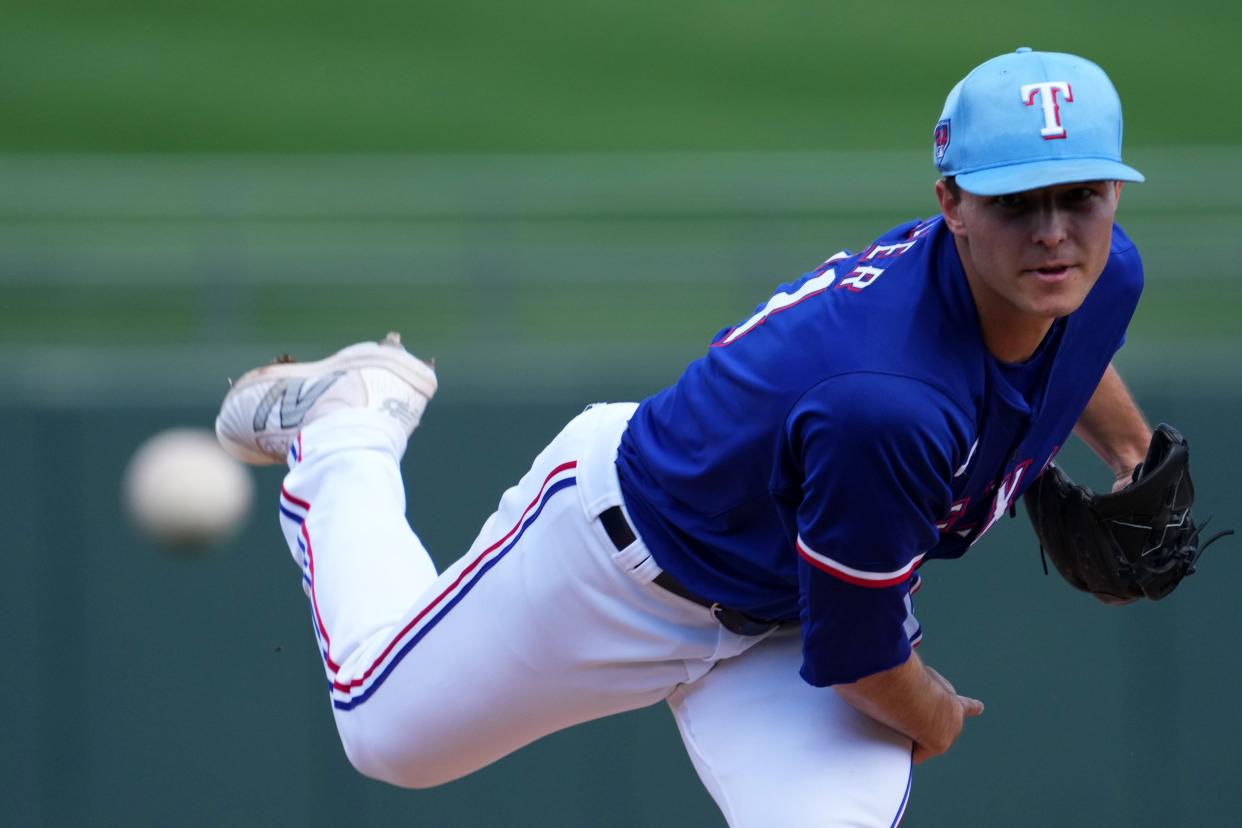 Mar 8, 2024; Surprise, Arizona, USA; Texas Rangers starting pitcher Jack Leiter (71) pitches against the Kansas City Royals during the first inning at Surprise Stadium. Mandatory Credit: Joe Camporeale-USA TODAY Sports