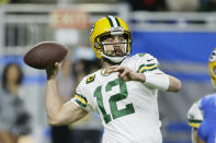 Green Bay Packers quarterback Aaron Rodgers throws during the first half of an NFL football game against the Detroit Lions, Sunday, Dec. 29, 2019, in Detroit. (AP Photo/Duane Burleson)