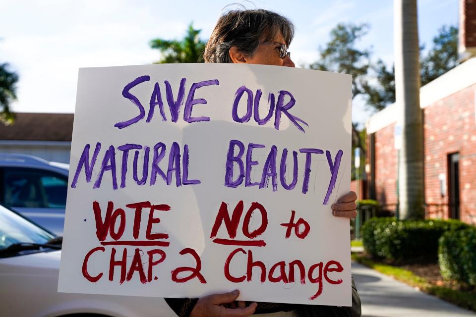 Demonstrators protest before a county commission meeting on Tuesday, Nov. 16, 2021, outside the Martin County Administrative Center in Stuart. The meeting culminated with a vote on proposed changes to the Comprehensive Growth Management Plan that could affect future development across Martin County. 