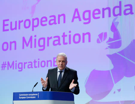European Commissioner for Migration and Home Affairs Dimitris Avramopoulos addresses a news conference at the EU Commission headquarters in Brussels, Belgium, March 2, 2017. REUTERS/Yves Herman