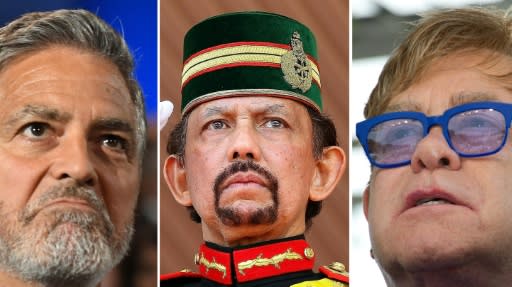 George Clooney (L) and Elton John (R) are among those who have criticised the new laws being introduced by Sultan Hassanal Bolkiah (C) of Brunei