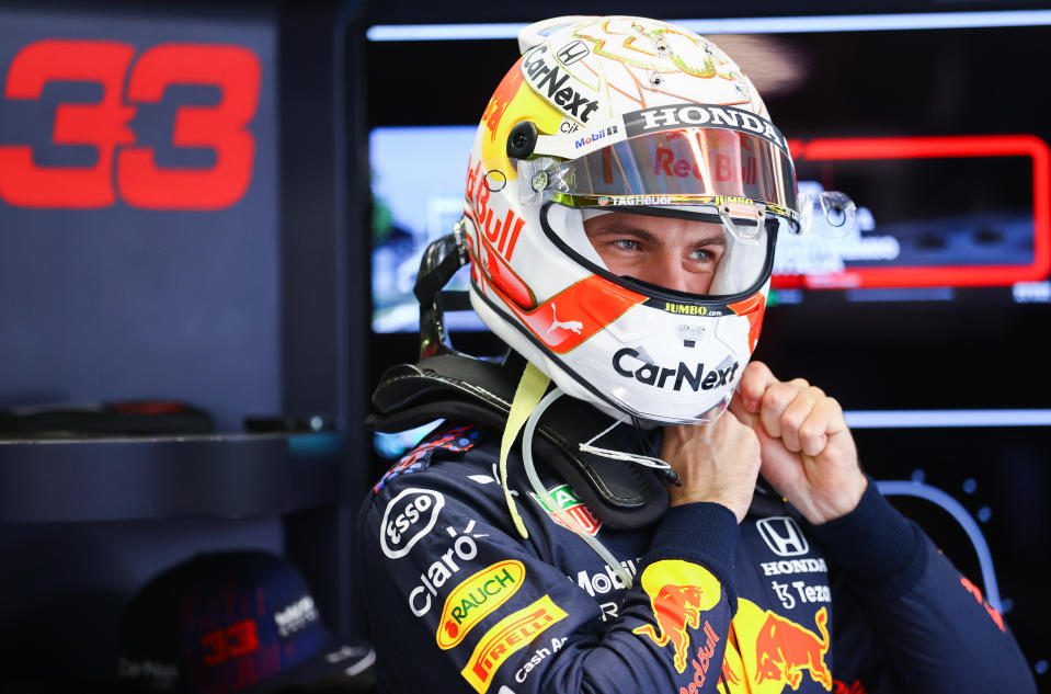 MONZA, ITALY - SEPTEMBER 12: Max Verstappen of Netherlands and Red Bull Racing prepares to drive in the garage before the F1 Grand Prix of Italy at Autodromo di Monza on September 12, 2021 in Monza, Italy. (Photo by Bryn Lennon/Getty Images)