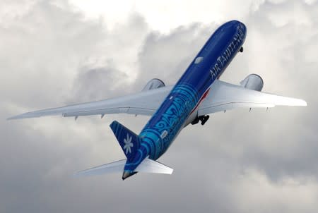 An Boeing 787-9 Dreamliner of Air Tahiti Nui company performs during the 53rd International Paris Air Show at Le Bourget Airport near Paris