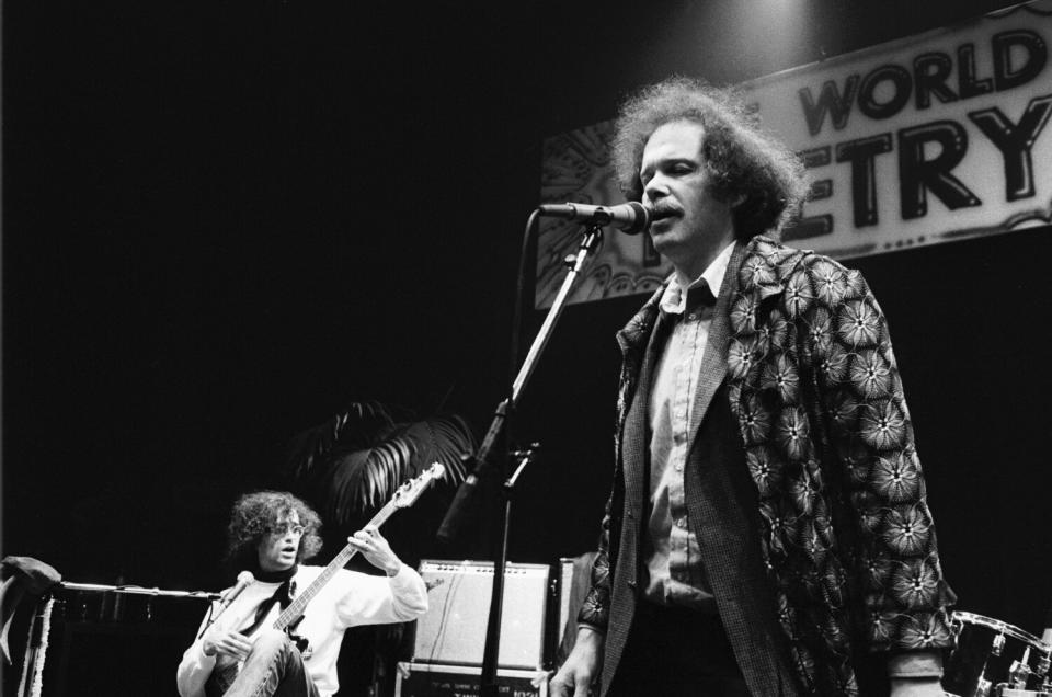 A man with frizzy hair performs onstage with a guitarist.