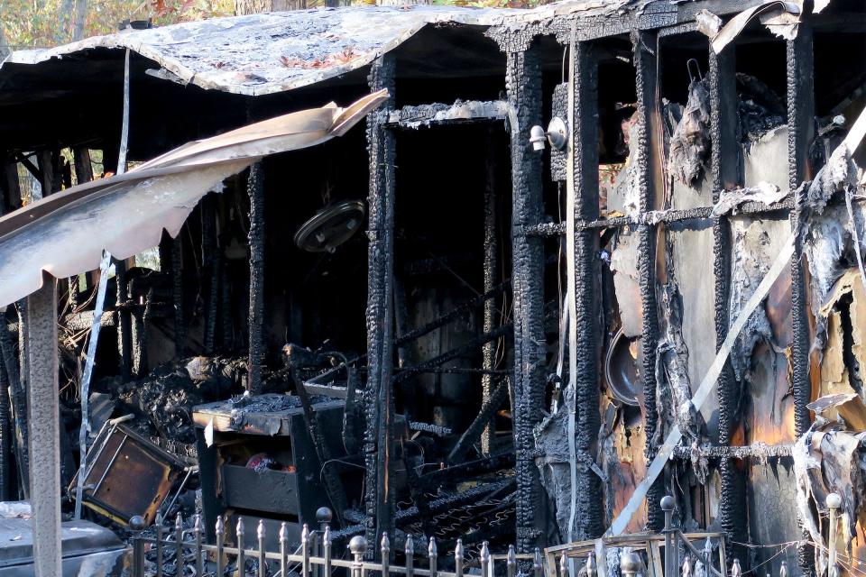 The aftermath of a Wednesday, November 1, 2023, fire at 254 Lakewood Road in the Oak Grove Mobile Home Park in Plumsted Township.