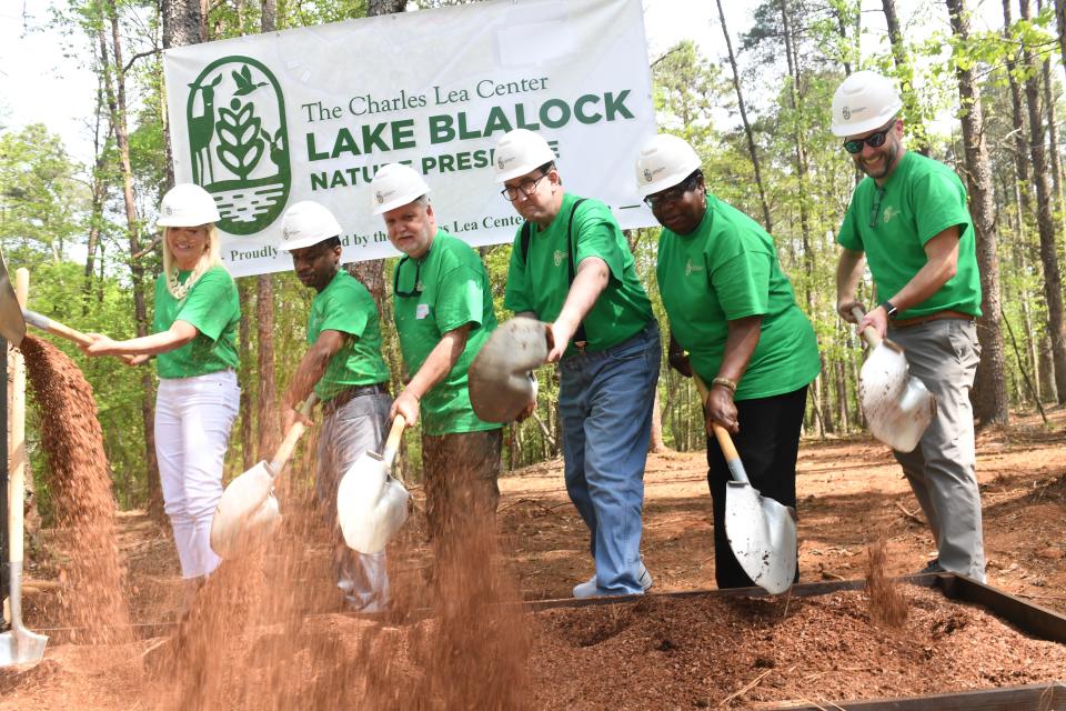 The Charles Lea Center held a ground breaking and dedication service for its Lake Blalock Nature Preserve project on Tuesday, April 16, 2024. This is the official party for the ground breaking at the event: Marisa Cecil, Rashad Richardson, Jerry Bernard, Michael Trisler,, Jennifer Kindall, and Charles Clementson.