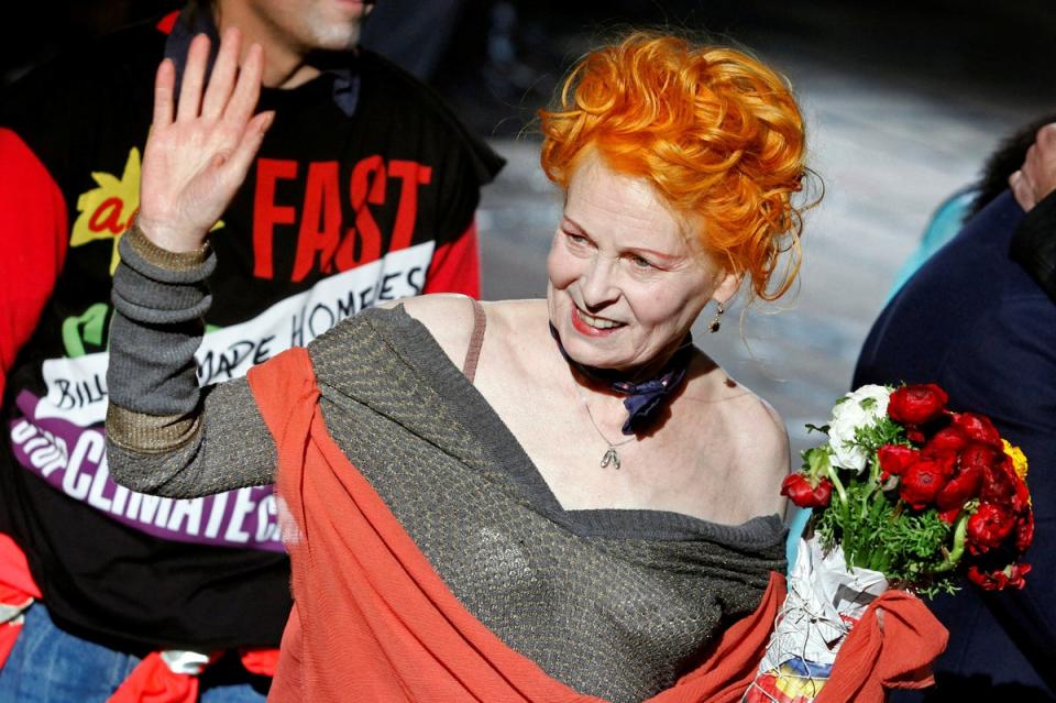 Vivienne Westwood acknowledges the applause at the end of her Fall/Winter 2010/11 Men’s collection during Milan Fashion Week (REUTERS)