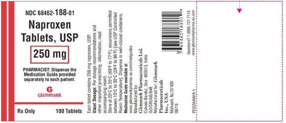 The label for 100-count bottles of 250 mg Naproxen tablets.